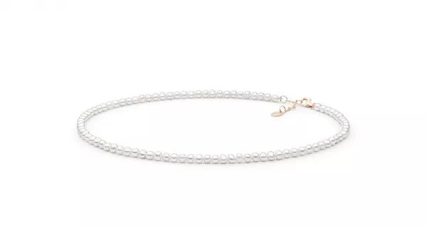 Moderne klassische Choker-Kette weiß rund 4-4.5 mm, 40 cm, Verschluss 14K Roségold plattiert 925er Silber, Gaura Pearls, Estland